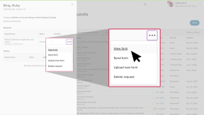 Student's list of college document requests. They've requested a NACAC Admission Application fee waiver. The three-dot menu is open and the cursor is clicking View form.